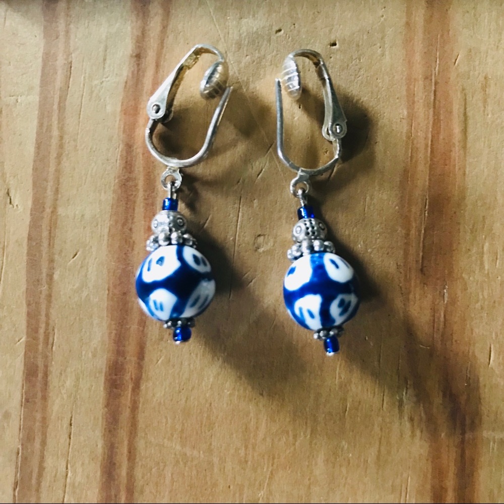 Silver and Blue Clip On Drop Earrings